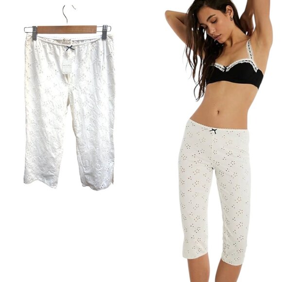 FREE PEOPLE EYELIT LACE BLOOMER CROP LOUNGE OFF WHITE PANTS LARGE NWT X REVOLVE - Picture 3 of 5